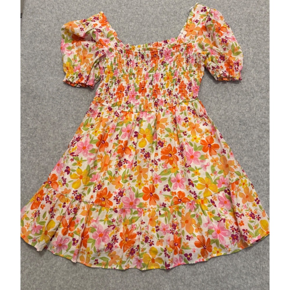 MINE Womens Floral Smocked Puff Sleeve Mini Dress Orange Pink Large Vacation